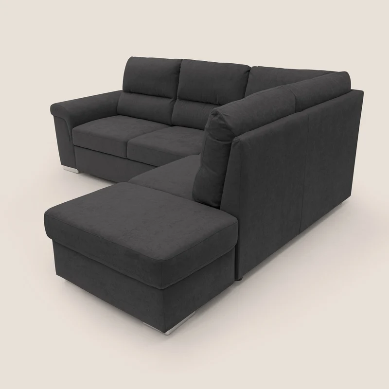 Minerva canapé d'angle avec angle et pouf extractible en tissu doux imperméable T02 noir