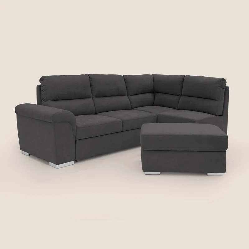 Minerva canapé d'angle avec angle et pouf extractible en tissu doux imperméable T02 noir