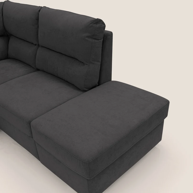 Minerva canapé d'angle avec angle et pouf extractible en tissu doux imperméable T02 noir