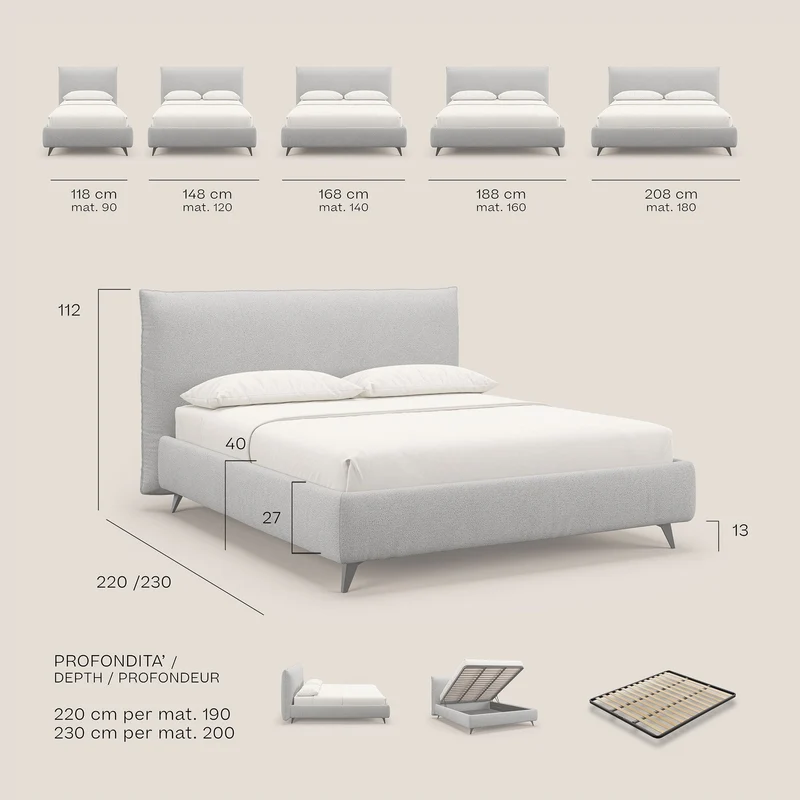 EROS lit rembourré en duvet d'oie avec coffre de rangement en bouclette précieuse détachable T16 bleu ciel