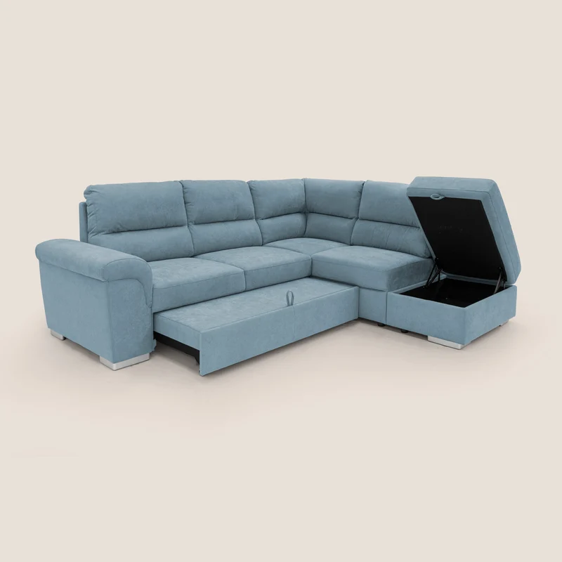 Minerva canapé d'angle avec angle et pouf extractible en tissu doux imperméable T02 sucre glace