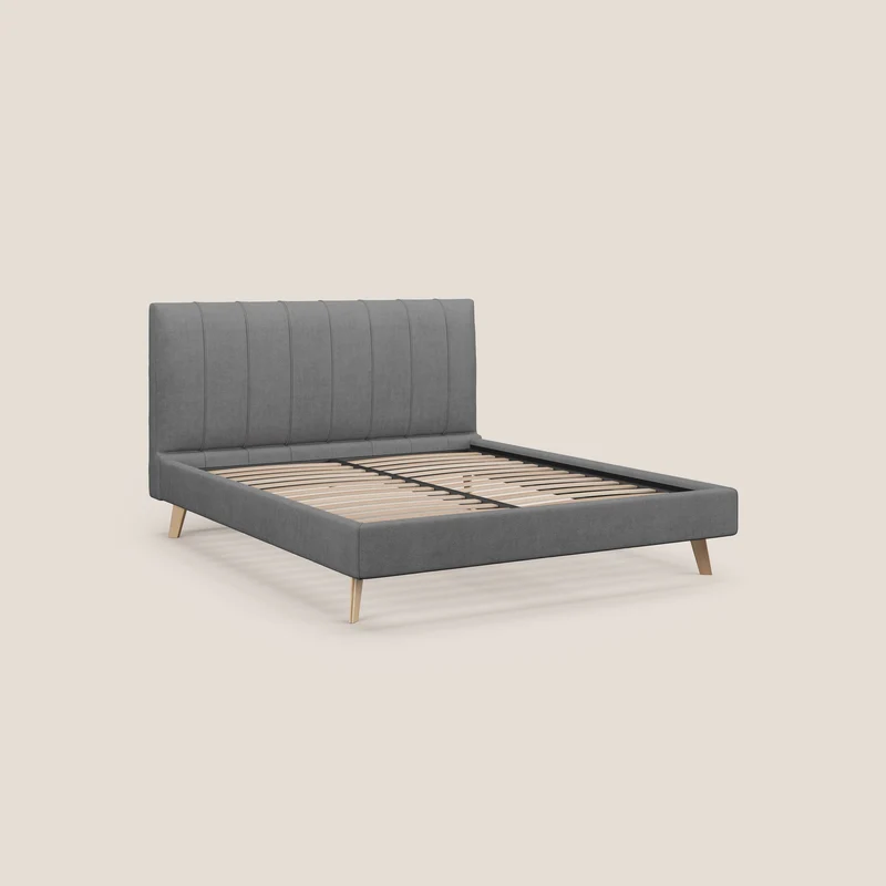 Selene lit rembourré avec pieds bois naturel déhoussable en tissu imperméable T02 gris