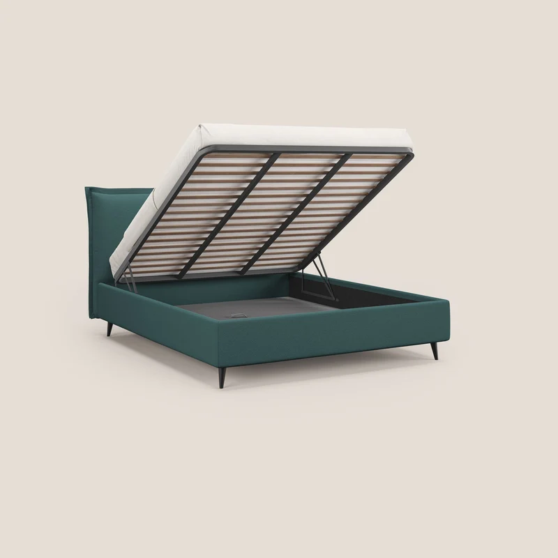 Hans lit rembourré avec coffre au style minimaliste en tissu imperméable T19 bleu canard