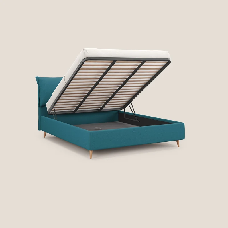 Elettra lit avec coffre de rangement déhoussable avec coussins tête de lit en tissu imperméable T13 bleu ciel