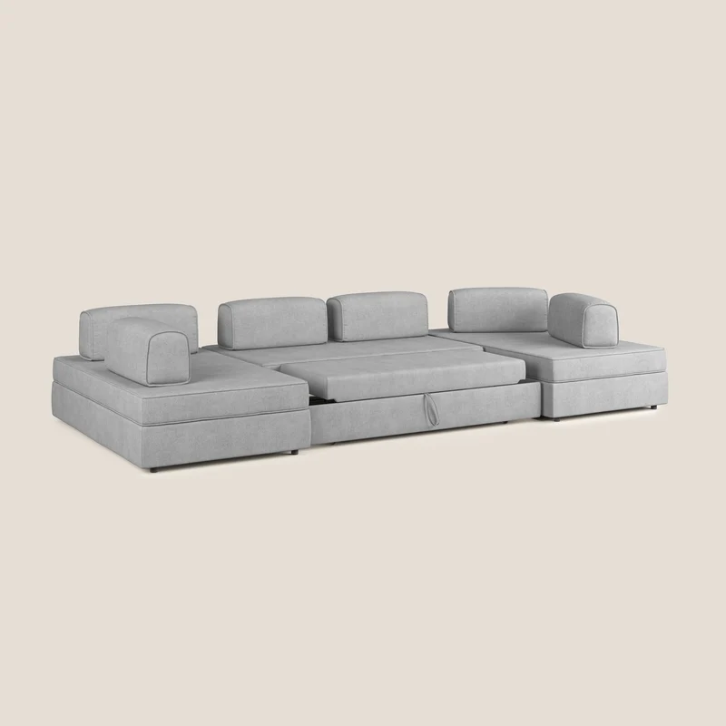 Liberty Canapé panoramique avec pouf extractible et dossiers amovibles en tissu doux imperméable T02 gris clair