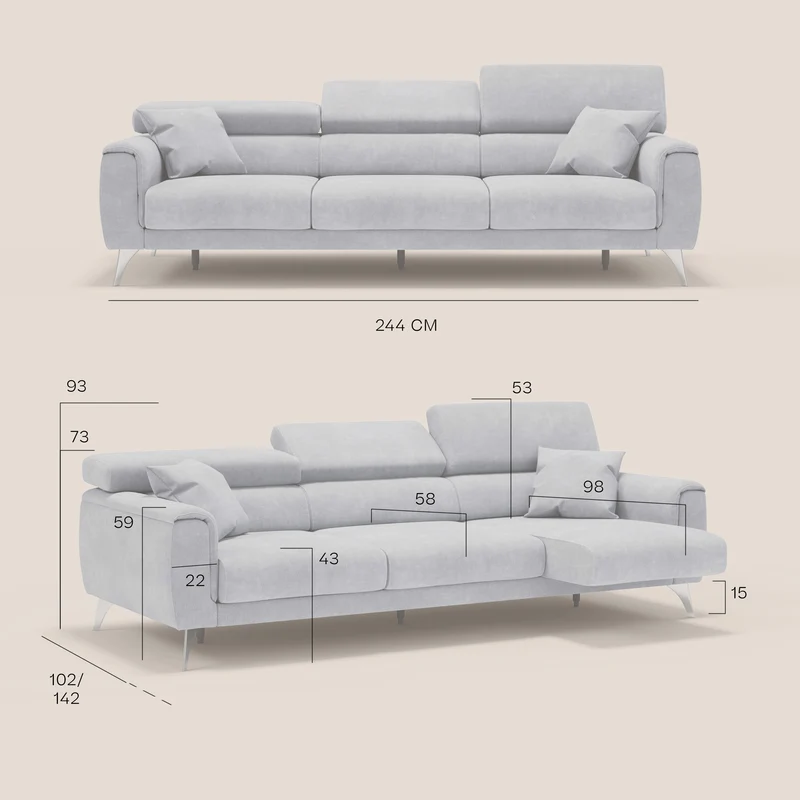 Caravaggio canapé 3 assises extensibles et têtières réglables en tissu imperméable T02 gris