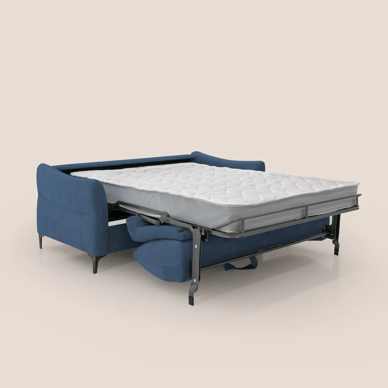 Dalia canapé convertible avec matelas H 18cm et pieds hauts en tissu détachable raffiné T17 bleu