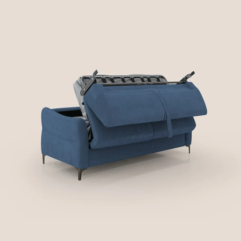 Dalia canapé convertible avec matelas H 18cm et pieds hauts en tissu détachable raffiné T17 bleu