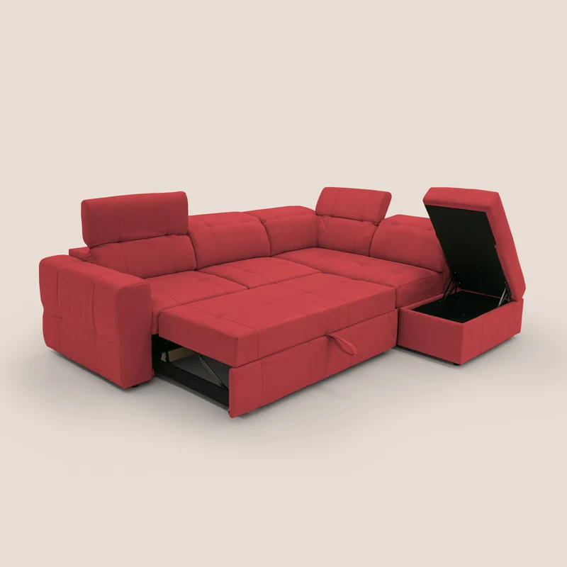 Kronos Canapé d'angle avec extractible et pouf coffre en micorfibre imperméable T11 rouge
