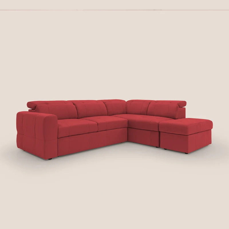 Kronos Canapé d'angle avec extractible et pouf coffre en micorfibre imperméable T11 rouge