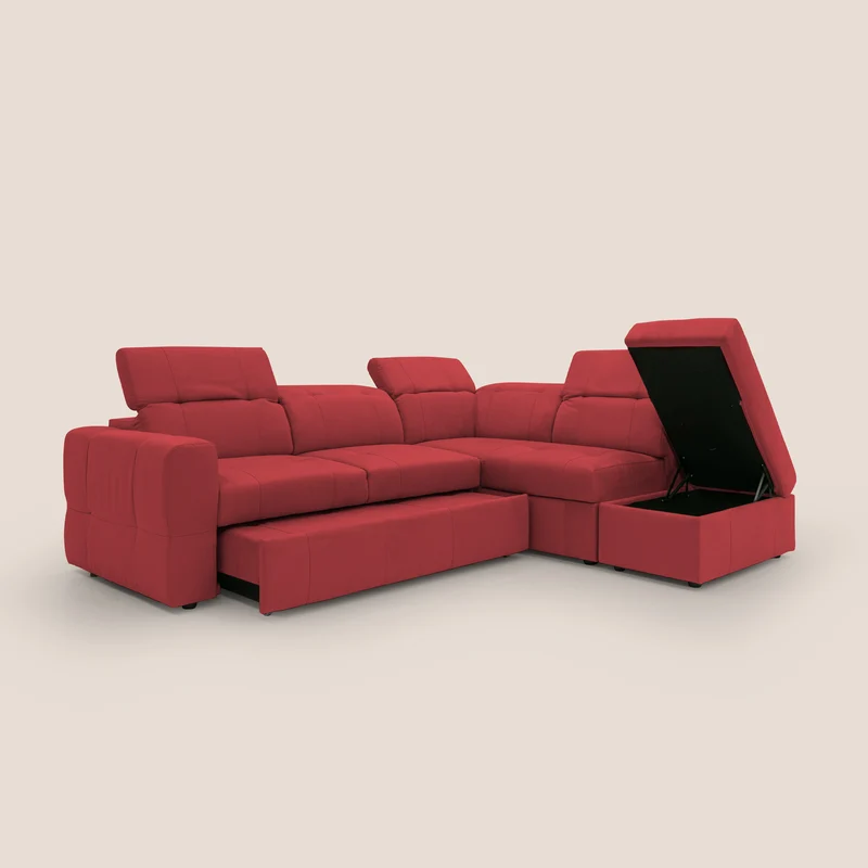 Kronos Canapé d'angle avec extractible et pouf coffre en micorfibre imperméable T11 rouge