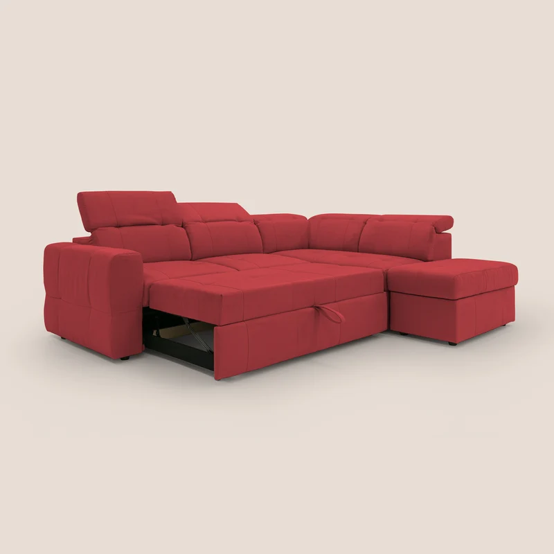 Kronos Canapé d'angle avec extractible et pouf coffre en micorfibre imperméable T11 rouge