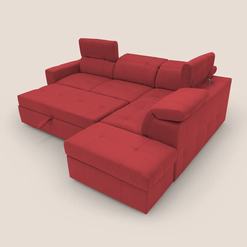 Kronos Canapé d'angle avec extractible et pouf coffre en micorfibre imperméable T11 rouge