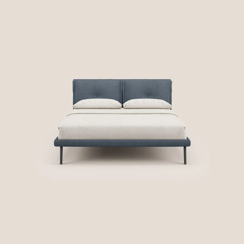 Ibuki lit avec coussins capitonnés réglables et pieds foncés en tissu flammé imperméable T03 bleu