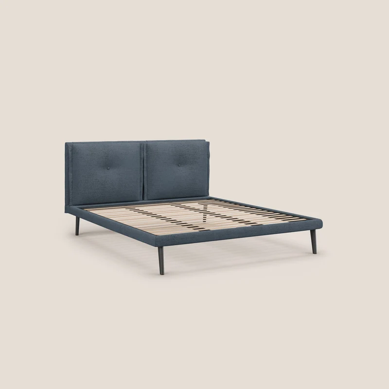 Ibuki lit avec coussins capitonnés réglables et pieds foncés en tissu flammé imperméable T03 bleu