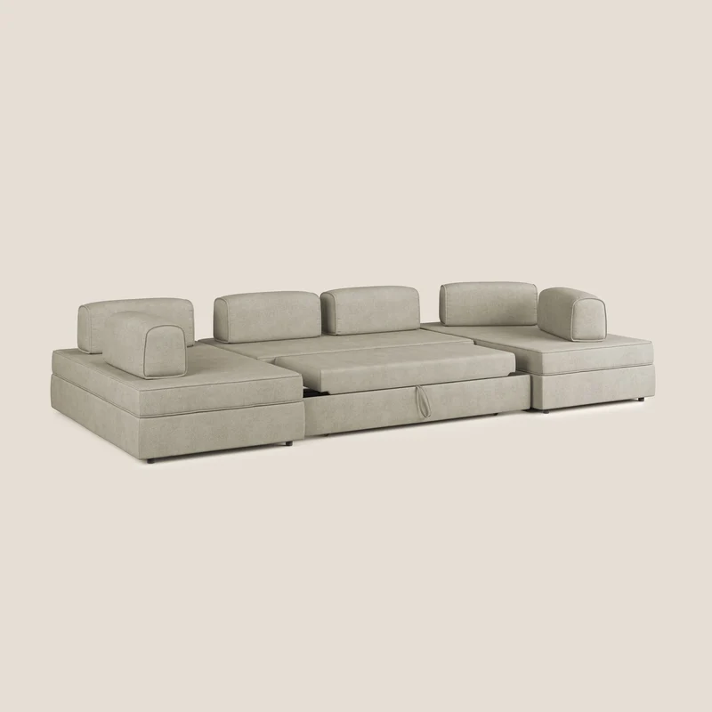 Liberty Canapé panoramique avec pouf extractible et dossiers amovibles en tissu doux imperméable T02 crème