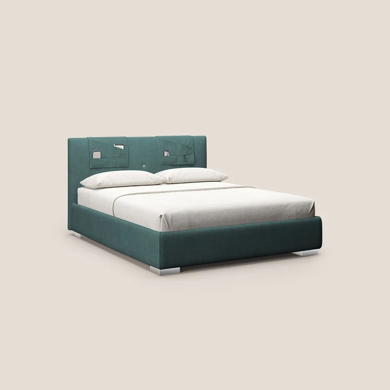 Horus lit rembourré avec coffre et prise USB sur la tête de lit en tissu imperméable T02 bleu canard