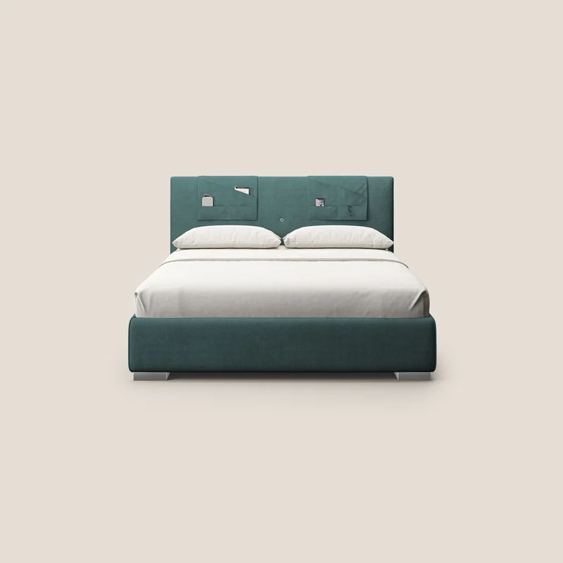 Horus lit rembourré avec coffre et prise USB sur la tête de lit en tissu imperméable T02 bleu canard
