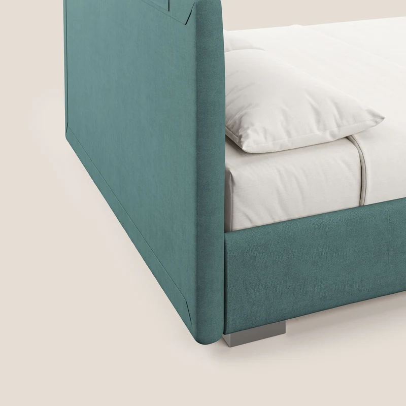 Horus lit rembourré avec coffre et prise USB sur la tête de lit en tissu imperméable T02 bleu canard