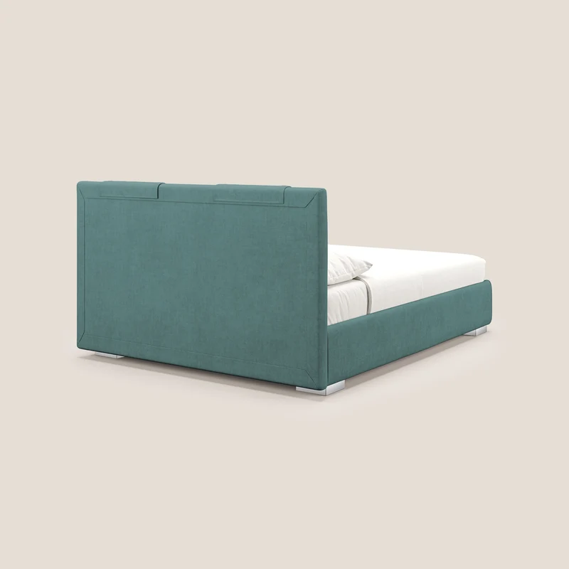 Horus lit rembourré avec coffre et prise USB sur la tête de lit en tissu imperméable T02 bleu canard