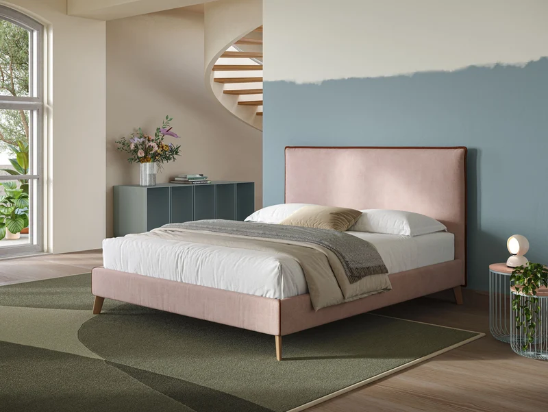 Leila lit rembourré avec pieds en bois et tissu détachable T17 rose - rouge
