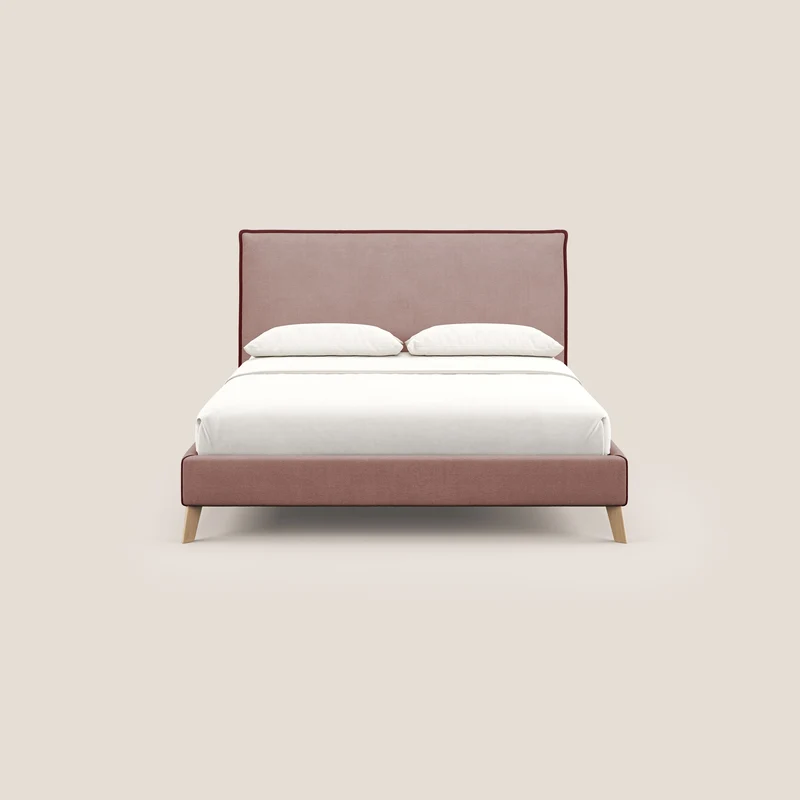 Leila lit rembourré avec pieds en bois et tissu détachable T17 rose - rouge