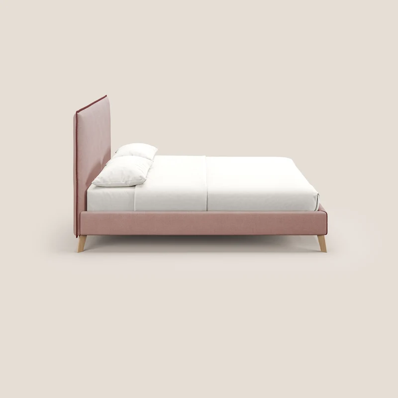 Leila lit rembourré avec pieds en bois et tissu détachable T17 rose - rouge