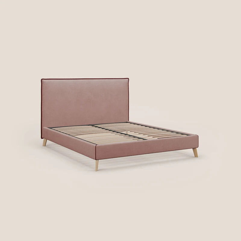 Leila lit rembourré avec pieds en bois et tissu détachable T17 rose - rouge