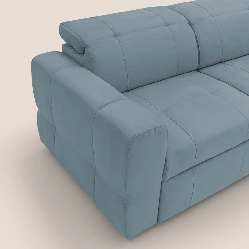 Kronos Canapé avec pouf extractible et têtières inclinalbes en microfibre douce imperméable T11 bleu gris