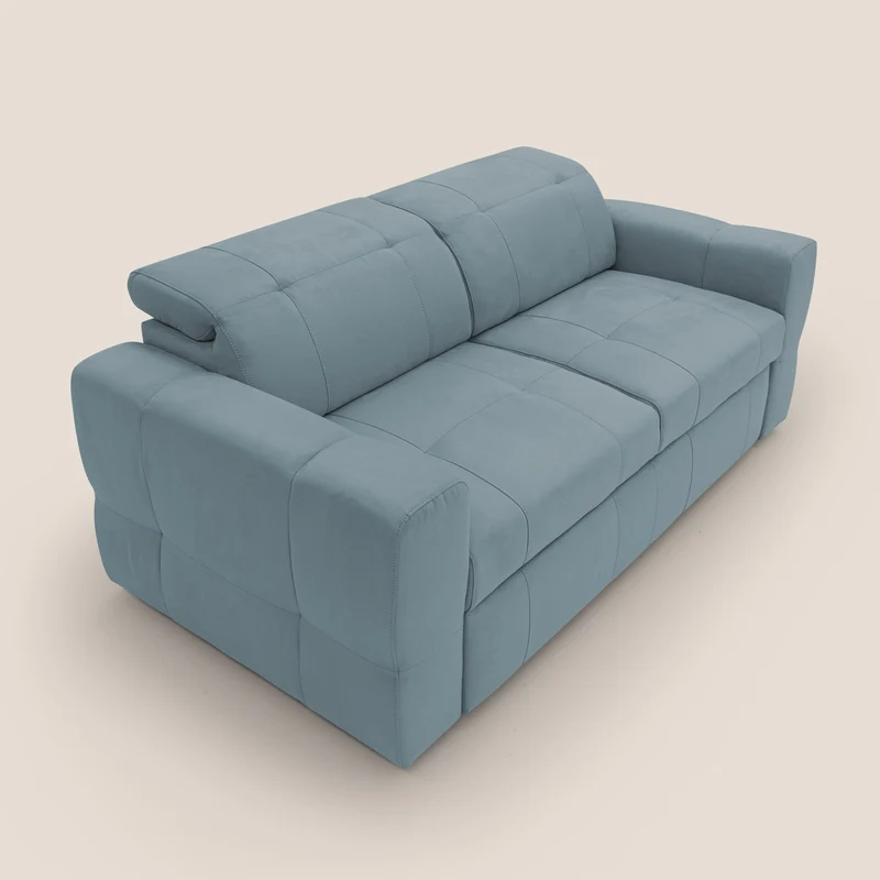Kronos Canapé avec pouf extractible et têtières inclinalbes en microfibre douce imperméable T11 bleu gris