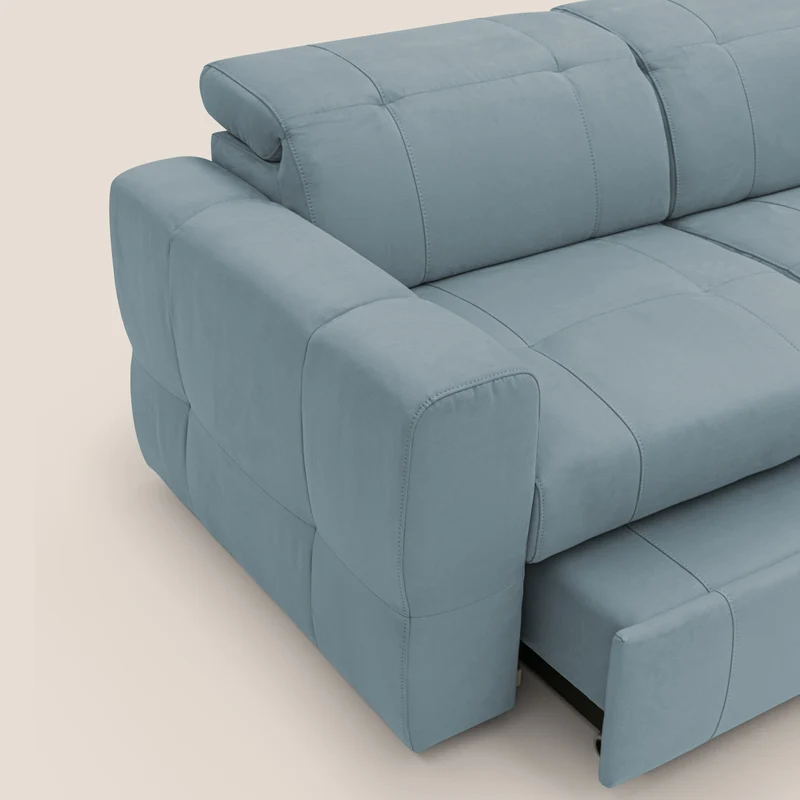 Kronos Canapé avec pouf extractible et têtières inclinalbes en microfibre douce imperméable T11 bleu gris