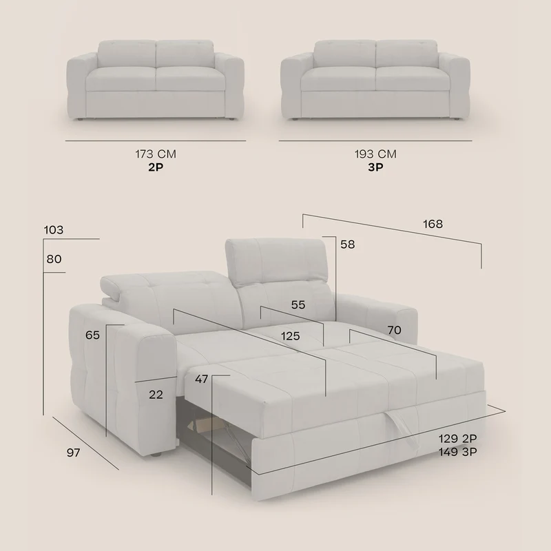 Kronos Canapé avec pouf extractible et têtières inclinalbes en microfibre douce imperméable T11 bleu gris