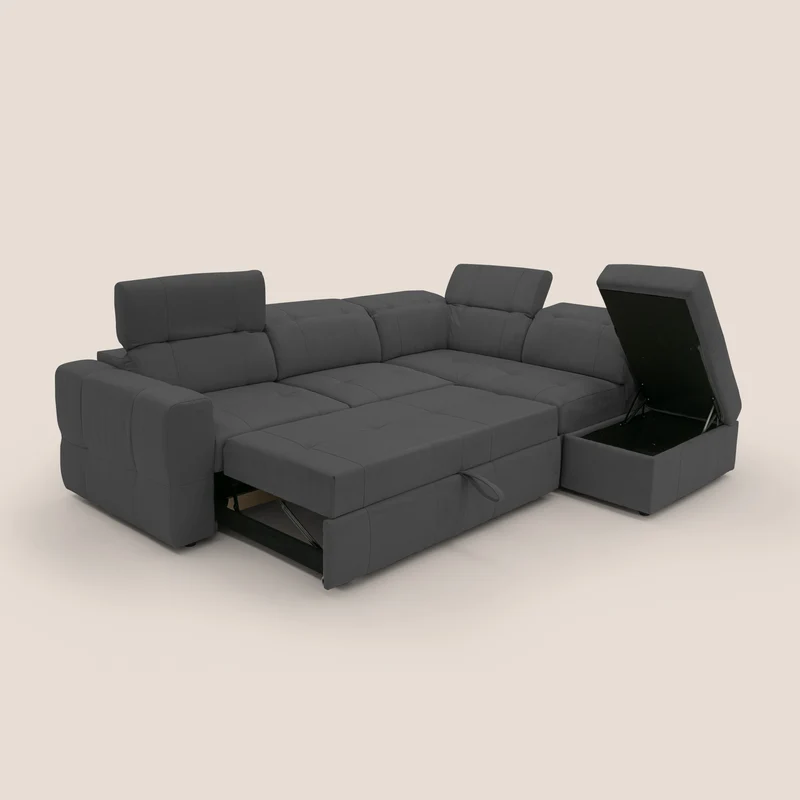 Kronos Canapé d'angle avec extractible et pouf coffre en micorfibre imperméable T11 noir