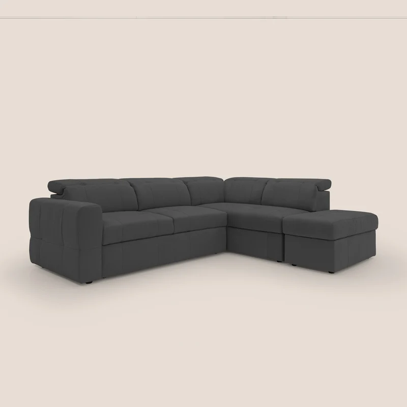 Kronos Canapé d'angle avec extractible et pouf coffre en micorfibre imperméable T11 noir