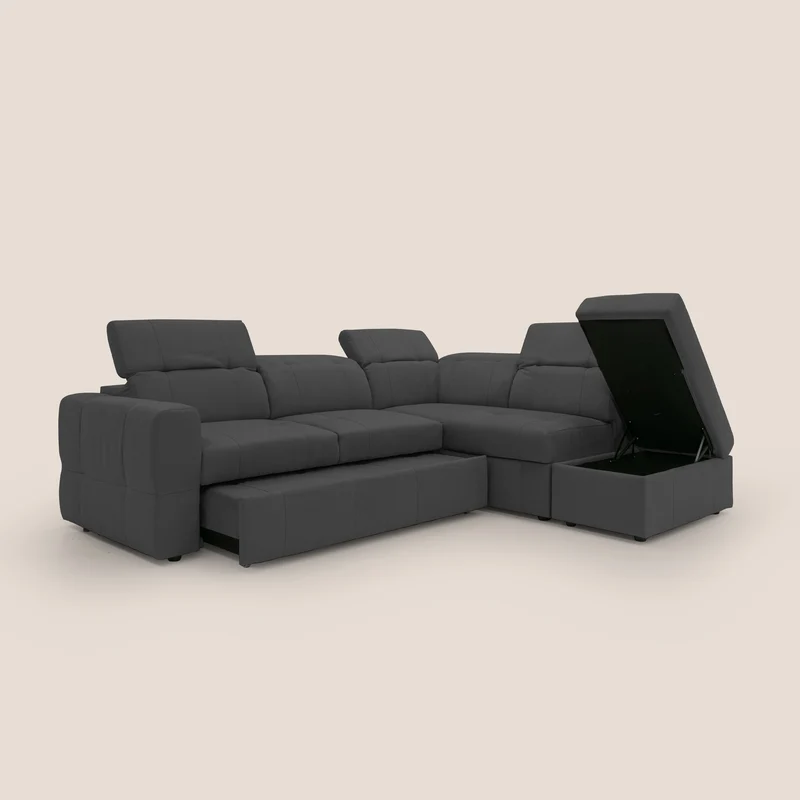 Kronos Canapé d'angle avec extractible et pouf coffre en micorfibre imperméable T11 noir