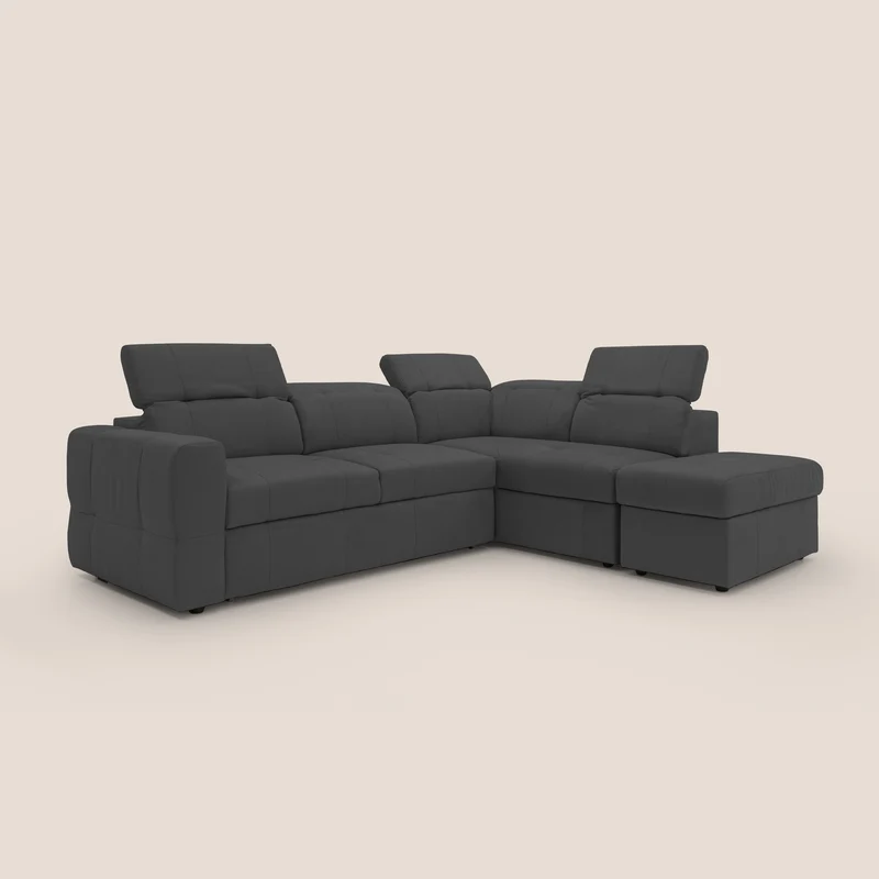 Kronos Canapé d'angle avec extractible et pouf coffre en micorfibre imperméable T11 noir
