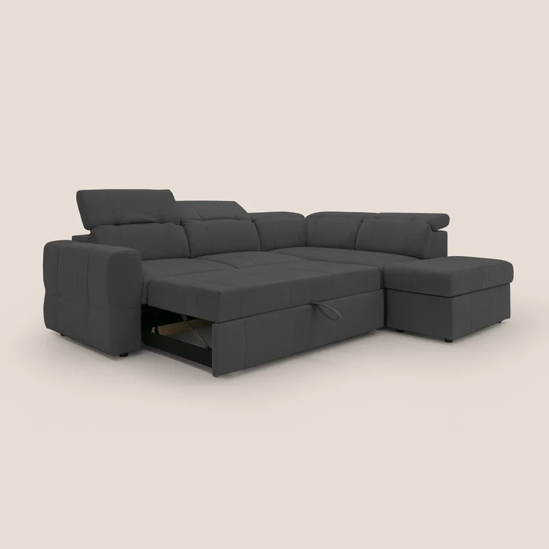 Kronos Canapé d'angle avec extractible et pouf coffre en micorfibre imperméable T11 noir