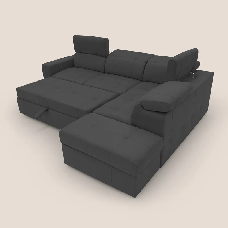 Kronos Canapé d'angle avec extractible et pouf coffre en micorfibre imperméable T11 noir