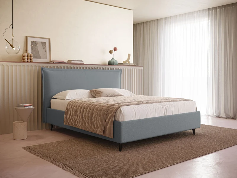 Hans lit rembourré avec coffre au style minimaliste en tissu imperméable T19 bleu gris