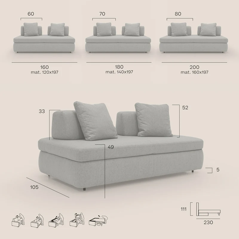 GRANSASSO Canapé convertible au design innovant en tissu imperméable T03 vert d'eau