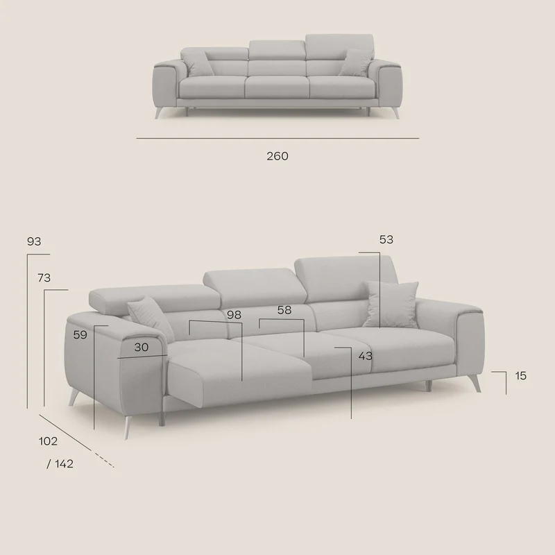 Fusion Canapé avec 3 assises coulissantes en tissu doux antitache T05 crème