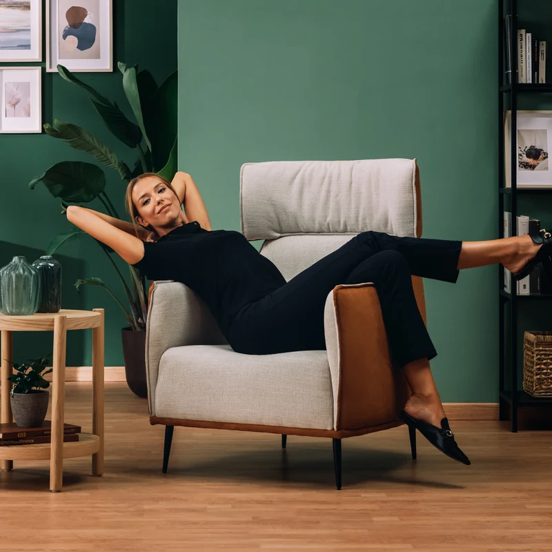 Zelda Fauteuil au design moderne en tissu doux et imperméable T06 crème