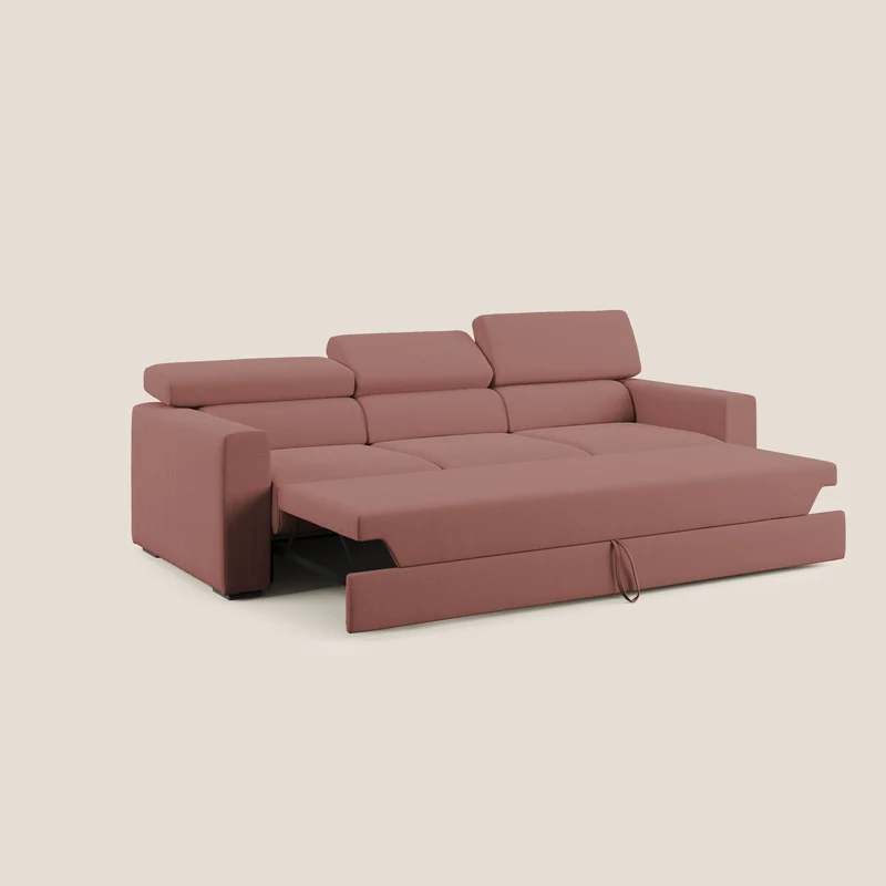 Dylan canapé avec pouf extractible à 3 assises en tissu flamme effet coton impermeabile T19 saumon