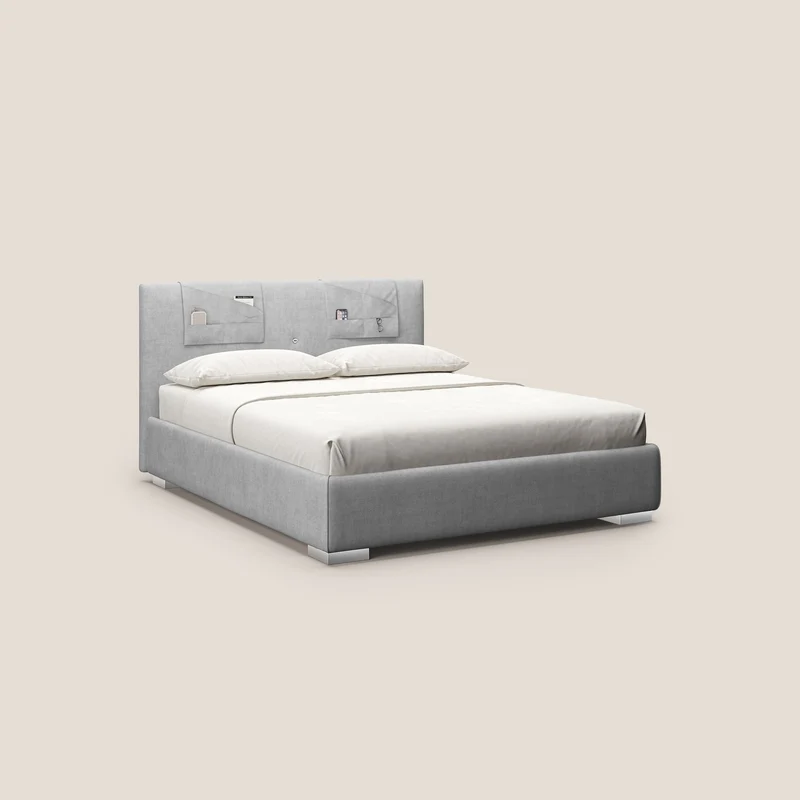 Horus lit rembourré avec coffre et prise USB sur la tête de lit en tissu imperméable T02 gris clair