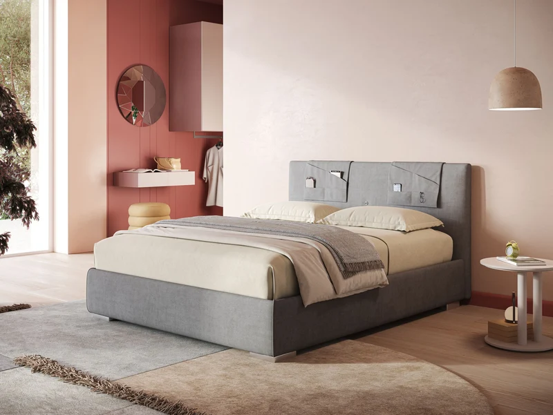 Horus lit rembourré avec coffre et prise USB sur la tête de lit en tissu imperméable T02 gris clair