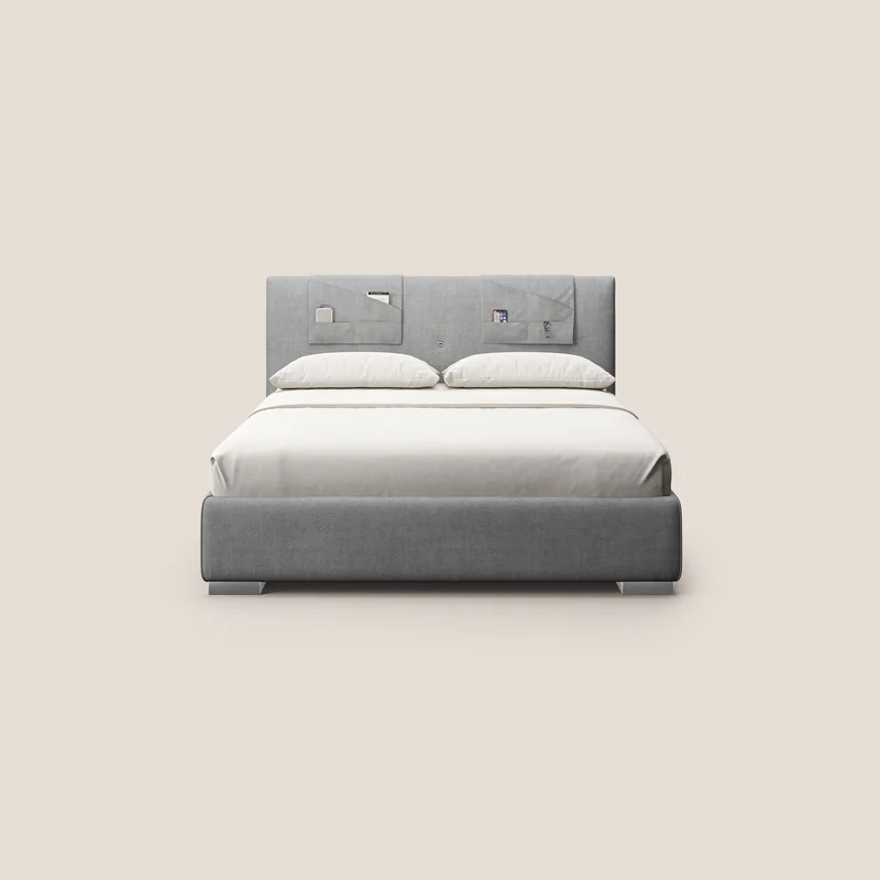 Horus lit rembourré avec coffre et prise USB sur la tête de lit en tissu imperméable T02 gris clair