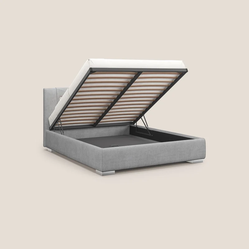 Horus lit rembourré avec coffre et prise USB sur la tête de lit en tissu imperméable T02 gris clair