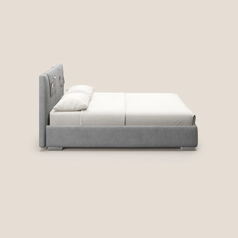 Horus lit rembourré avec coffre et prise USB sur la tête de lit en tissu imperméable T02 gris clair