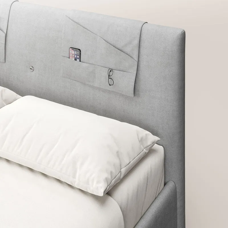 Horus lit rembourré avec coffre et prise USB sur la tête de lit en tissu imperméable T02 gris clair