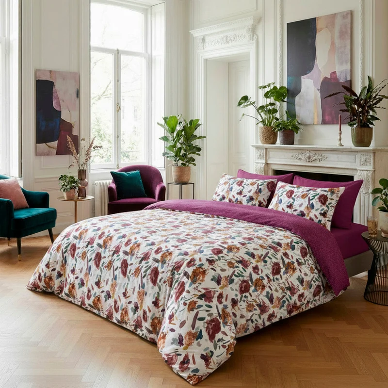 Taie d'oreiller satin de coton - Arty flowers Blanc